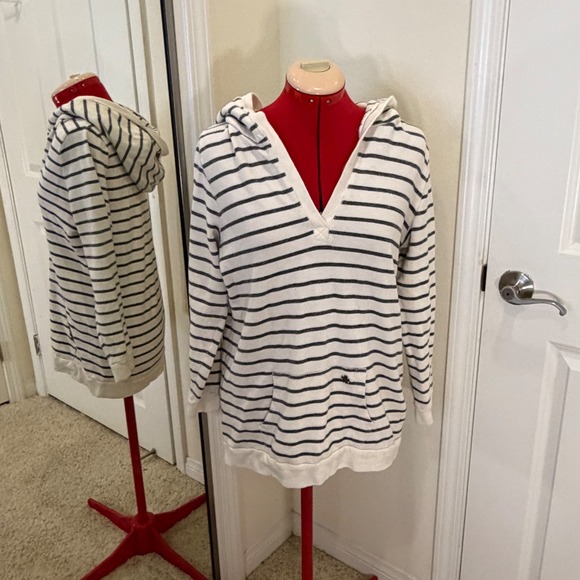 Obey Propaganda Tops - Obey Propaganda Womens Striped V-Neck Hoodie White Navy Blue Cotton Pullover L